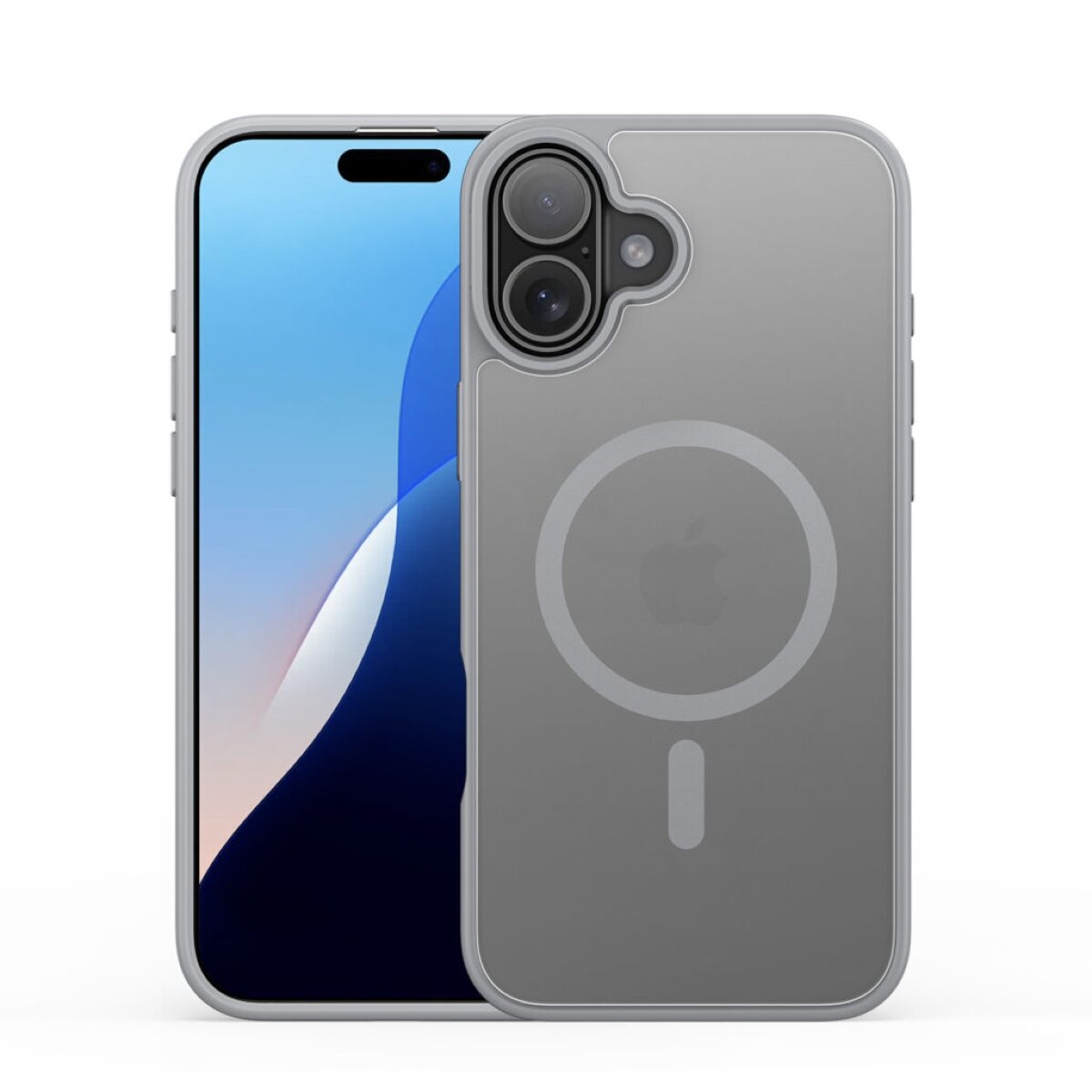 Na obrazie widoczny jest przezroczysty case z okrągłym wzorem, przeznaczony do telefonu z trzema obiektywami aparatu. Na case\'ie znajduje się logo w kształcie jabłka.