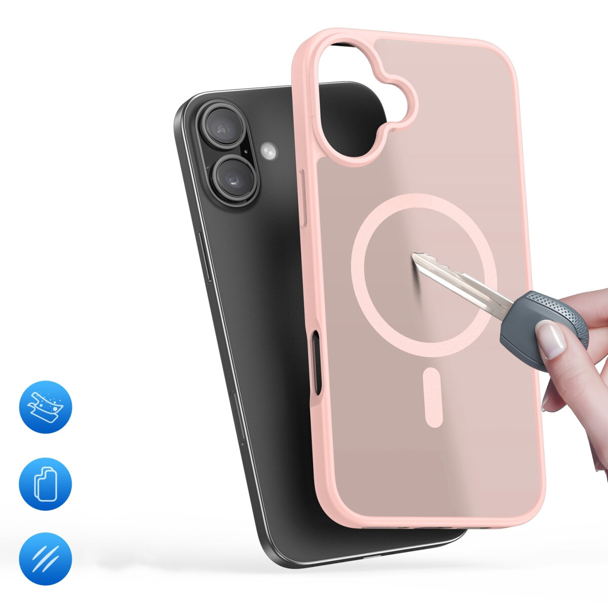 Obraz przedstawia różowe etui na telefon z okrągłym wzorem, trzymane obok czarnego telefonu z dwoma aparatami. Obok etui znajduje się ręka trzymająca klucz, a w lewym dolnym rogu widoczne są trzy niebieskie ikony symbolizujące funkcje etui.
