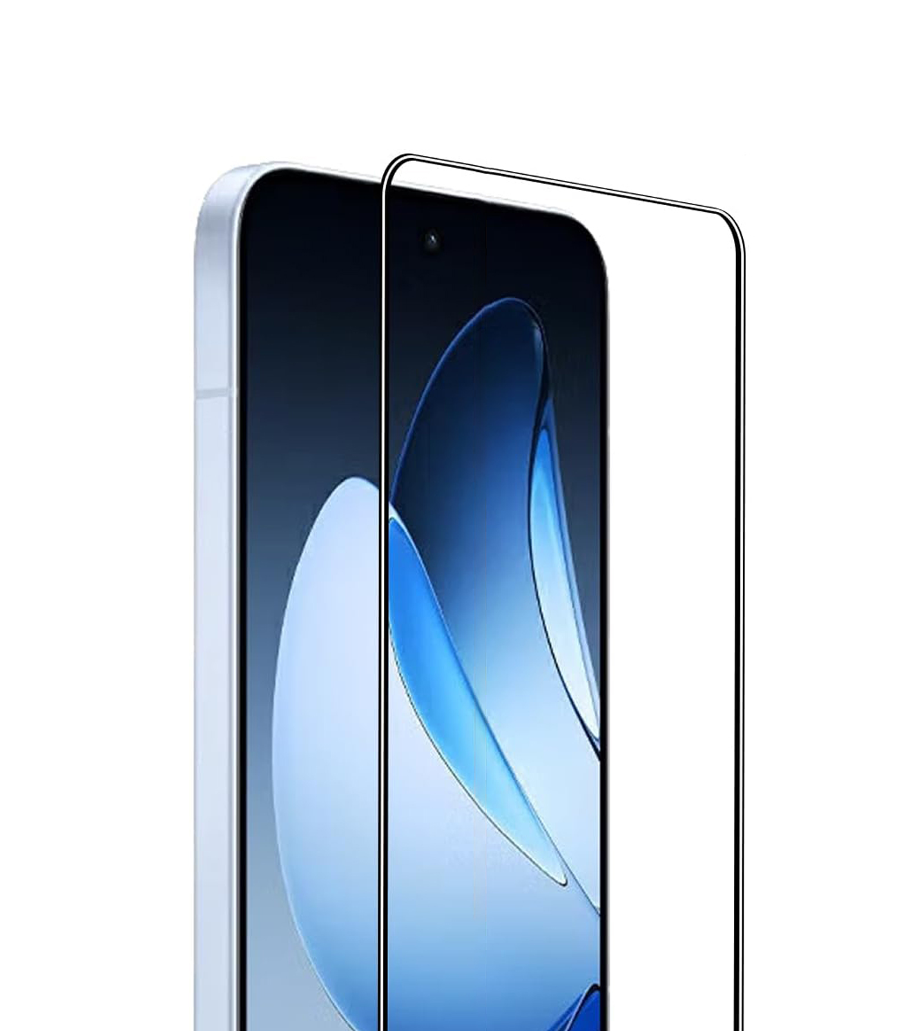Obraz przedstawia smartfon z nałożonym szkłem hartowanym, które jest przezroczyste i dopasowane do ekranu urządzenia. Tło ekranu jest niebieskie z abstrakcyjnym wzorem.