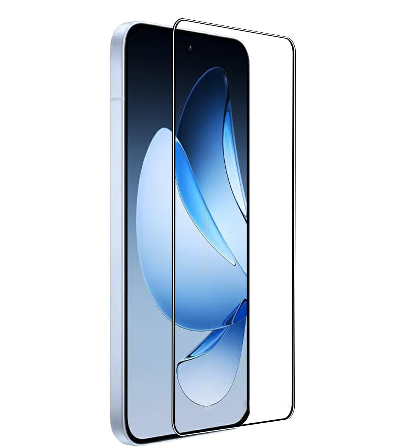 Obraz przedstawia telefon z nałożonym szkłem hartowanym, które jest przezroczyste i dopasowane do ekranu urządzenia. Na ekranie widoczna jest abstrakcyjna grafika w odcieniach niebieskiego.