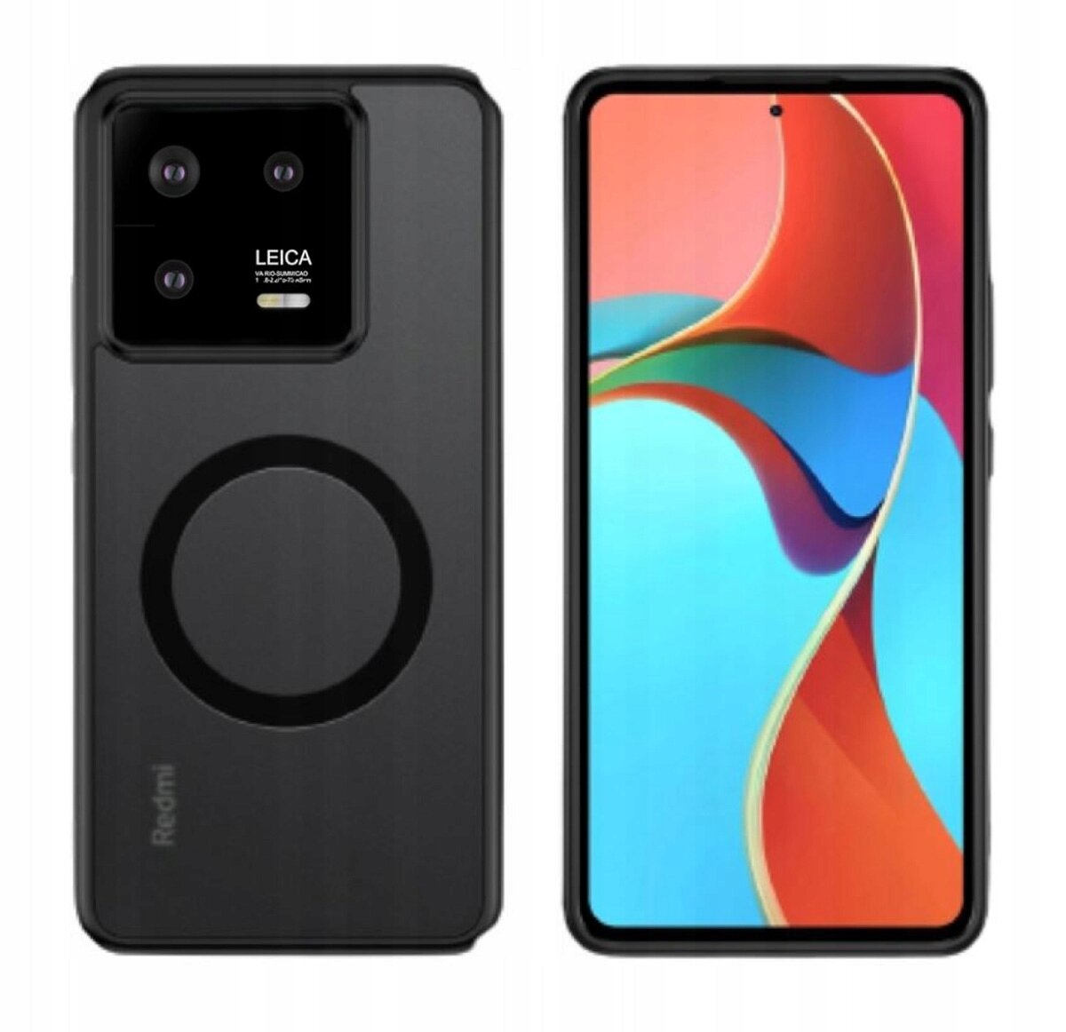 Obraz przedstawia czarne etui na telefon z okrągłym wzorem oraz telefon z kolorowym ekranem. Na etui widoczne jest logo \'Redmi\' oraz napis \'LEICA\'.