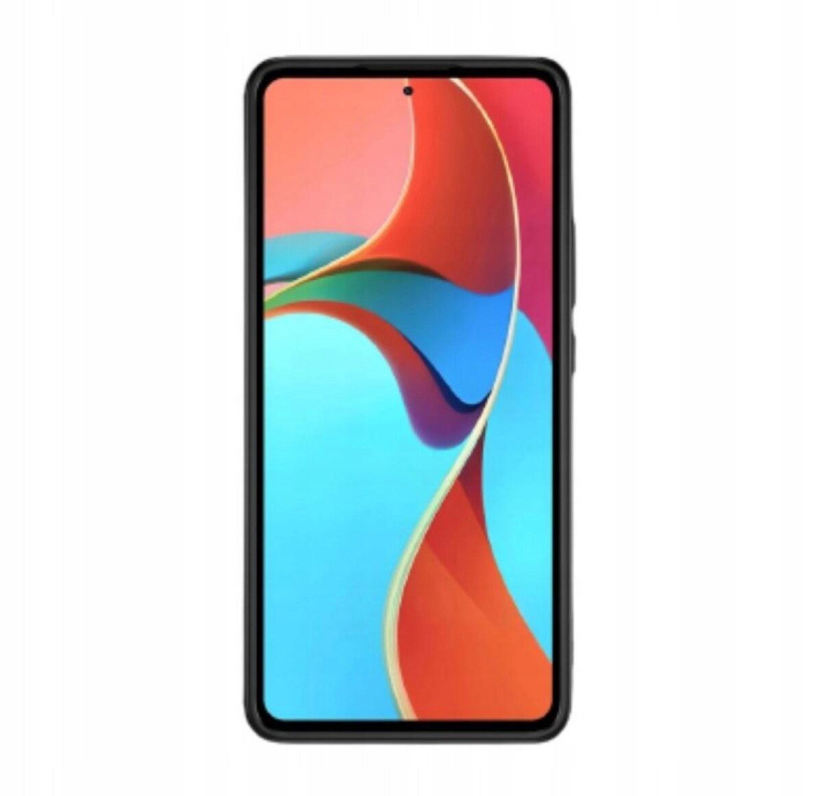 Obraz przedstawia smartfon z kolorowym wyświetlaczem, otoczony czarnym etui. Na ekranie widoczny jest abstrakcyjny wzór w odcieniach czerwieni, niebieskiego i pomarańczowego.
