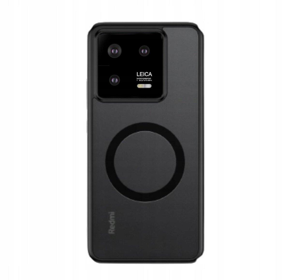 Czarne etui na telefon z okrągłym wzorem na środku i wycięciem na aparat z trzema obiektywami oraz napisem \'LEICA\'.