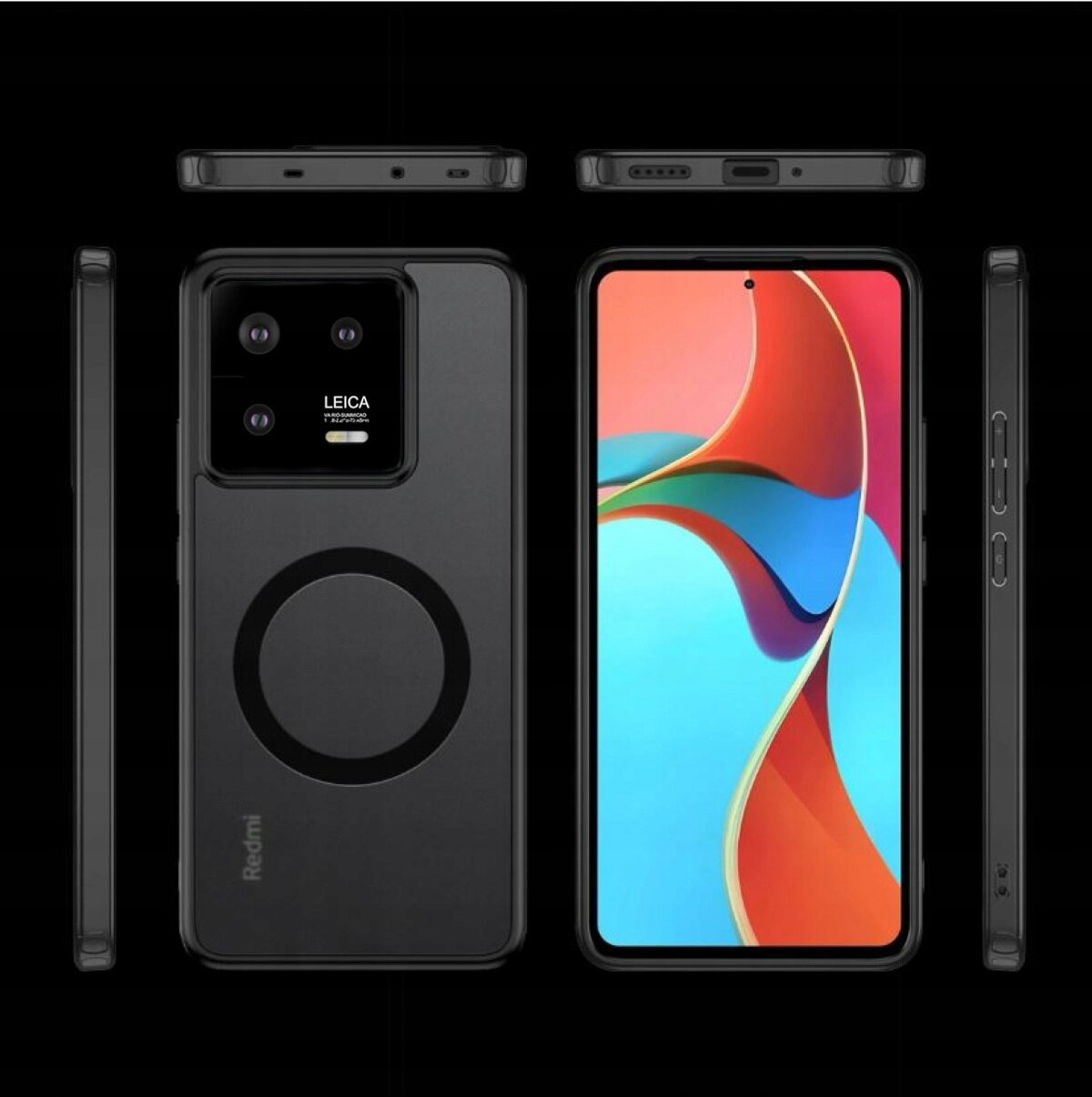 Obraz przedstawia etui na telefon z widocznym okrągłym wzorem na tylnej części oraz telefon z kolorowym wyświetlaczem. Na etui widoczne jest logo \'Redmi\' oraz napis \'LEICA\' obok aparatu.