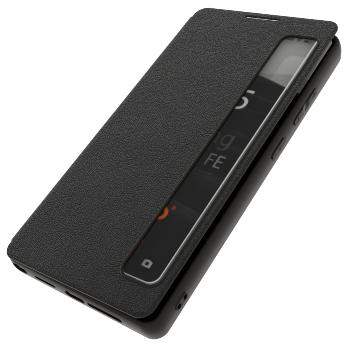 Czarne etui z klapką Smart View do telefonu, z widocznym wycięciem na ekranie pokazującym fragment interfejsu z tekstem \'FE\'. Etui ma teksturę przypominającą skórę i widoczne przyciski boczne.
