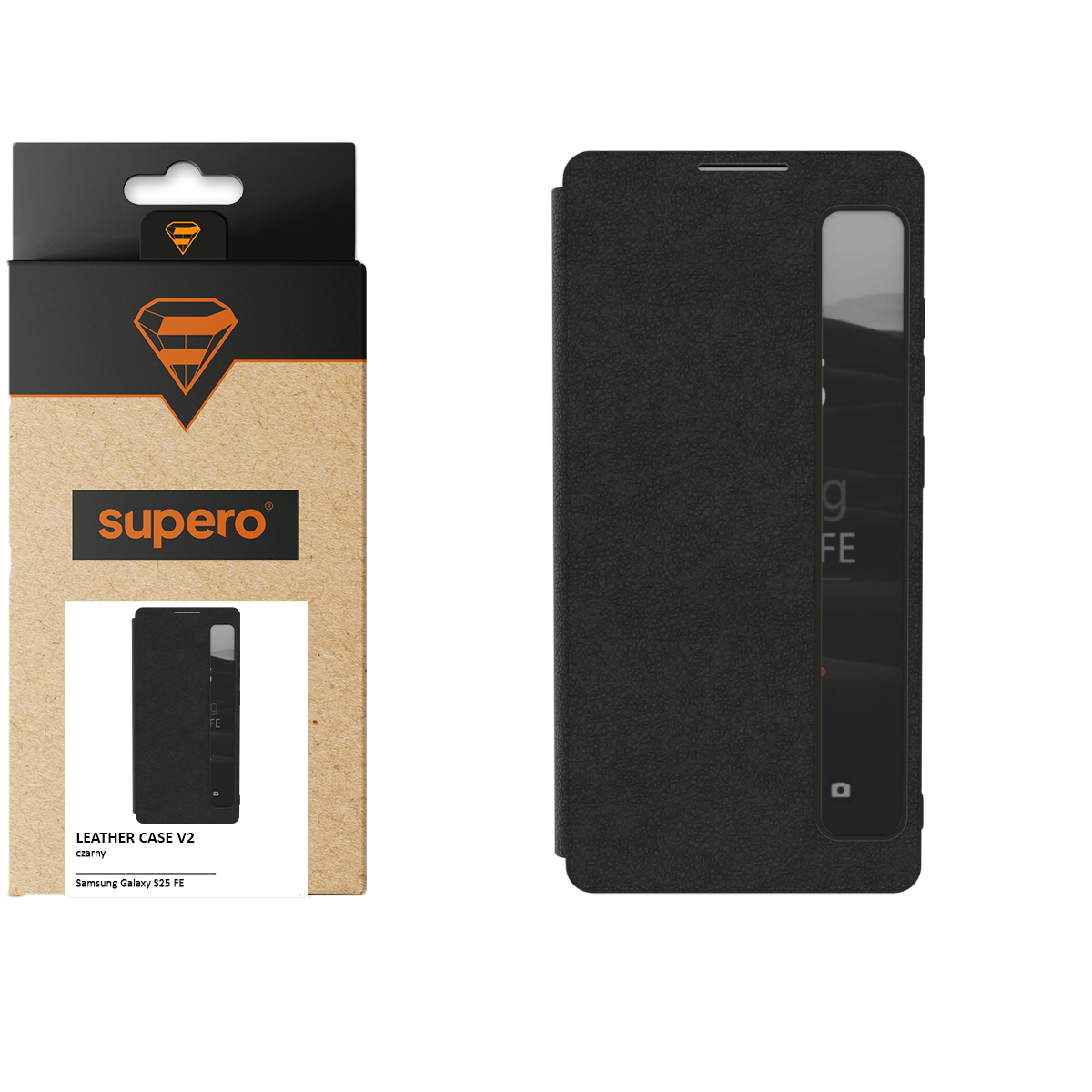 Na obrazie widoczne jest czarne etui z klapką Smart View oraz jego opakowanie z logo \'supero\'. Opakowanie zawiera napis: \'LEATHER CASE V2, czarny, Samsung Galaxy S25 FE\'.