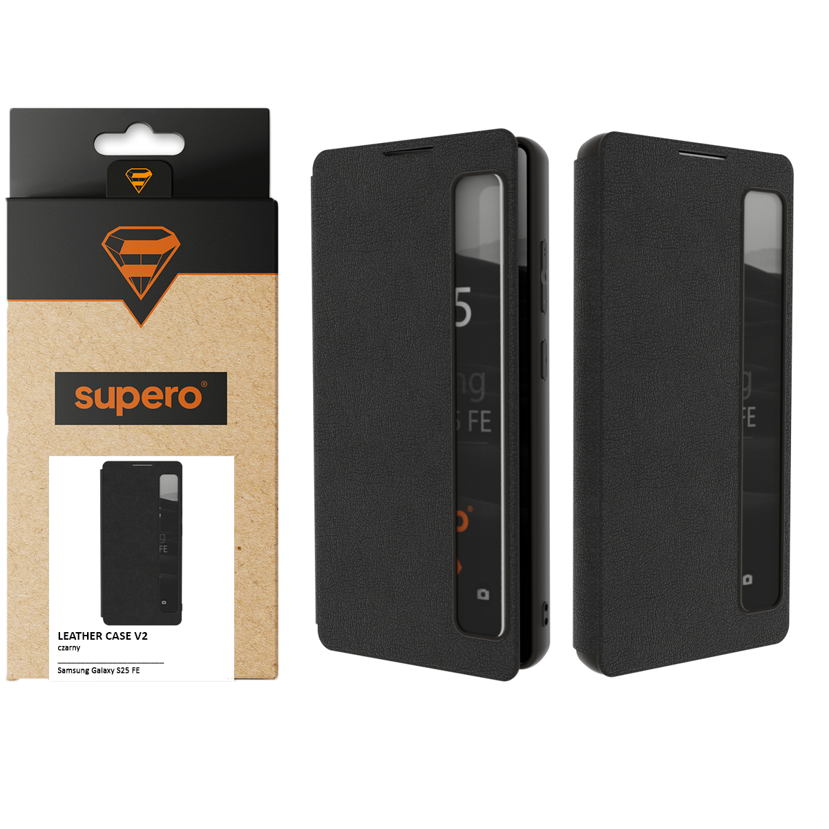 Na obrazie widoczne jest czarne etui z klapką Smart View do telefonu, obok znajduje się opakowanie z logo \'supero\'. Na opakowaniu napis: \'LEATHER CASE V2 czarny Samsung Galaxy S25 FE\'.