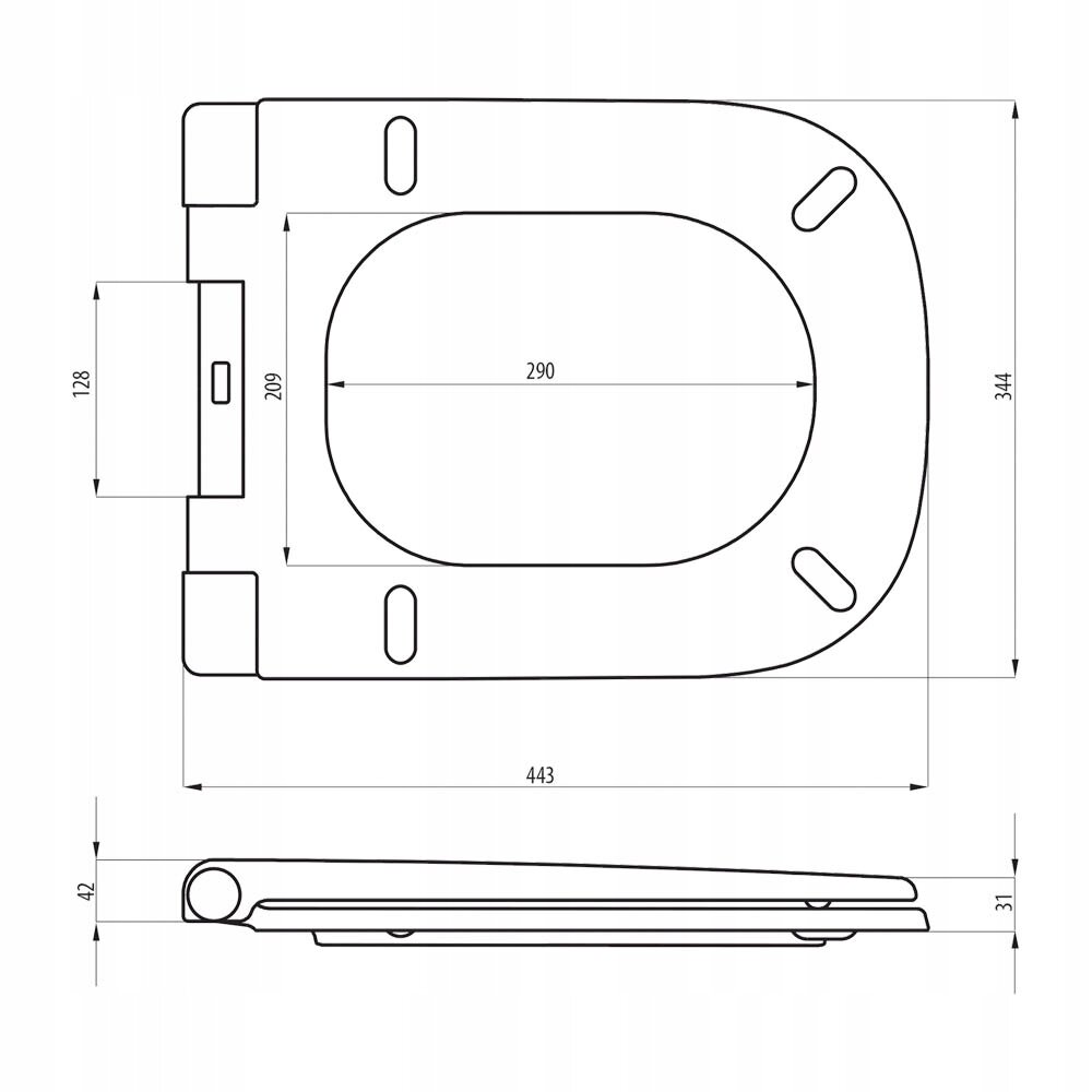 Schemat techniczny deski sedesowej z wymiarami: 290 mm szerokości, 344 mm długości, 443 mm całkowitej długości, 128 mm szerokości zawiasów, 209 mm długości zawiasów, 42 mm wysokości i 31 mm grubości. Widok z góry i z boku przedstawia kształt i proporcje produktu.