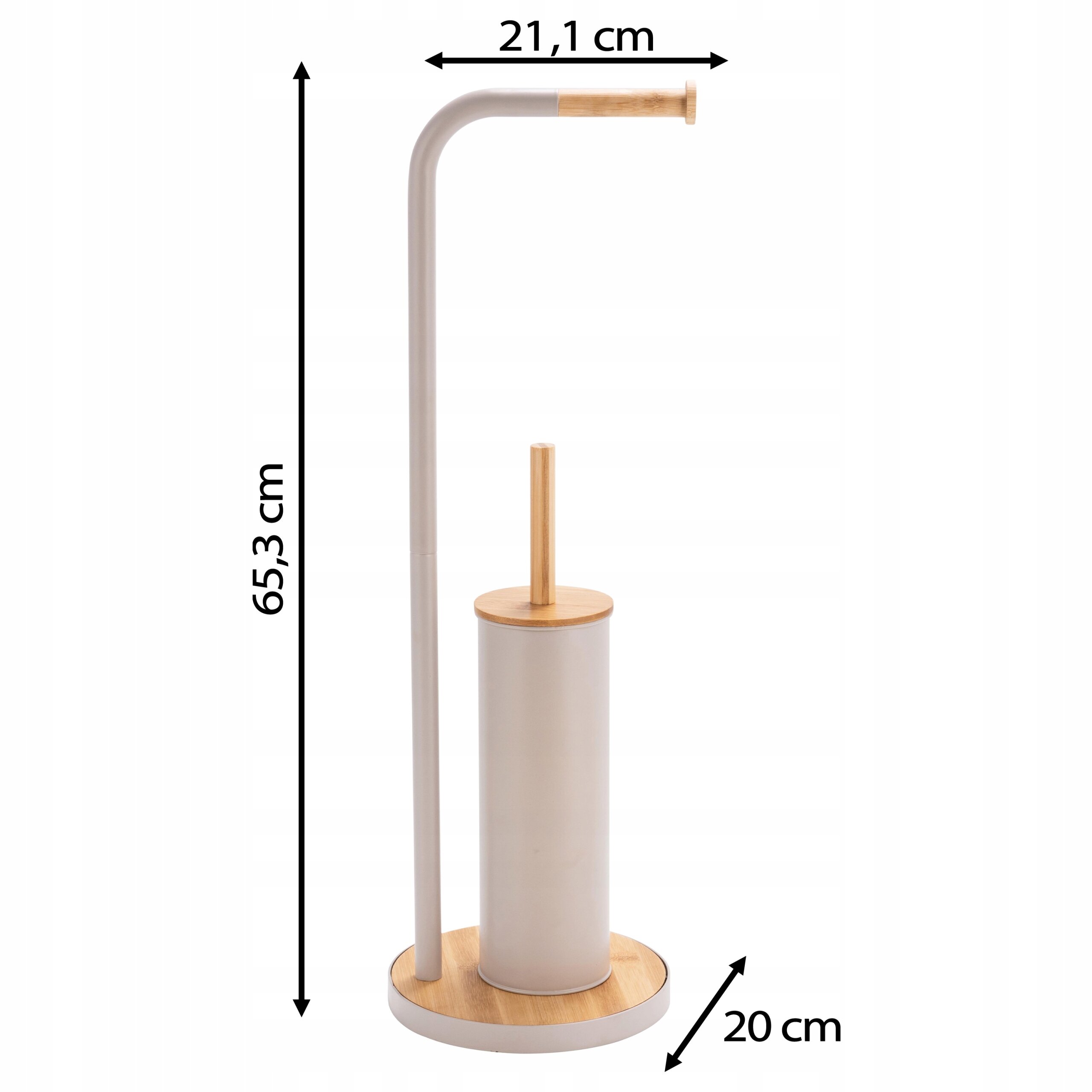 Stojak na papier toaletowy z wbudowaną szczotką WC, wykonany z beżowego materiału i bambusa. Wymiary to 65,3 cm wysokości, 21,1 cm szerokości i 20 cm średnicy podstawy.