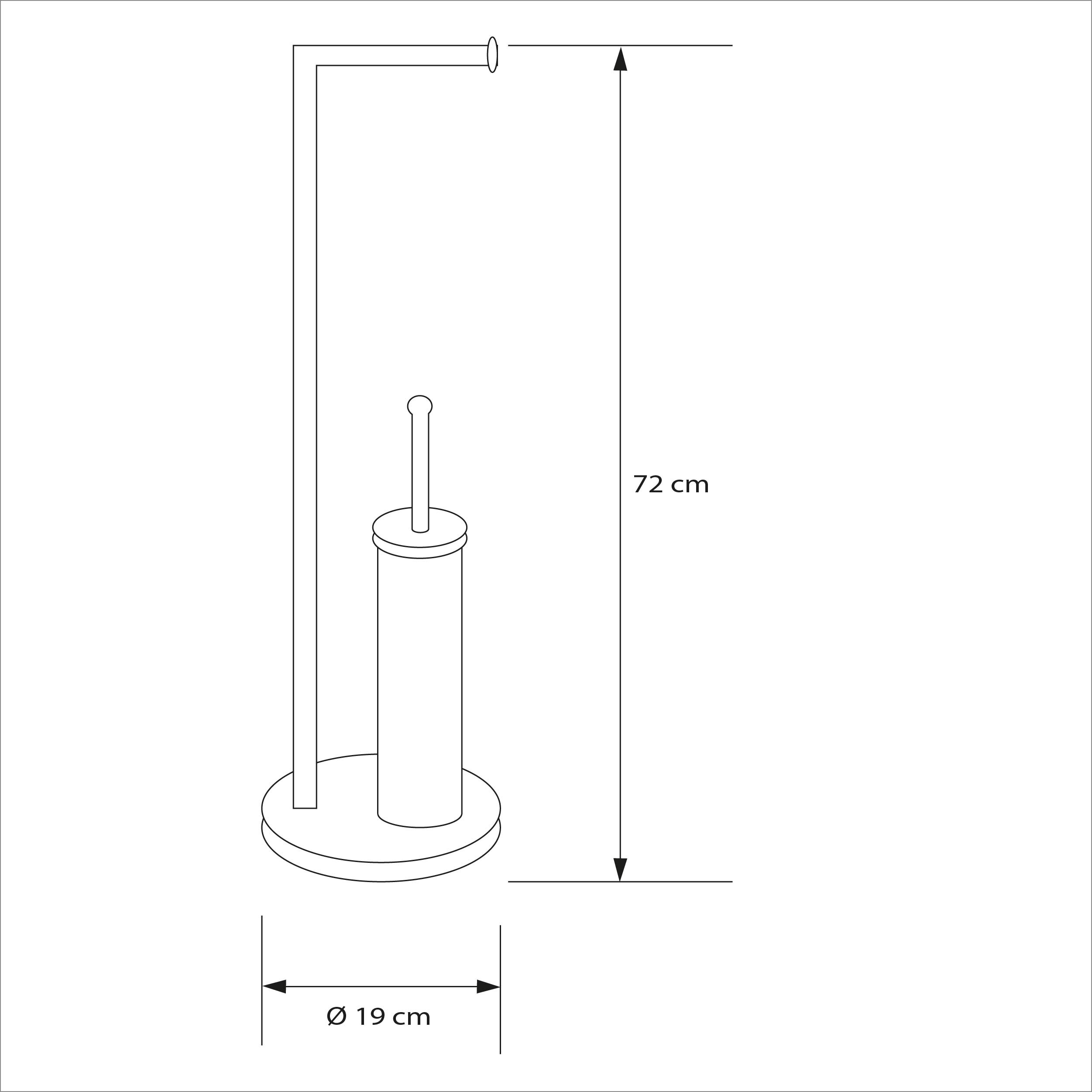 Schemat stojaka na papier toaletowy z uchwytem i szczotką, o wysokości 72 cm i średnicy podstawy 19 cm.