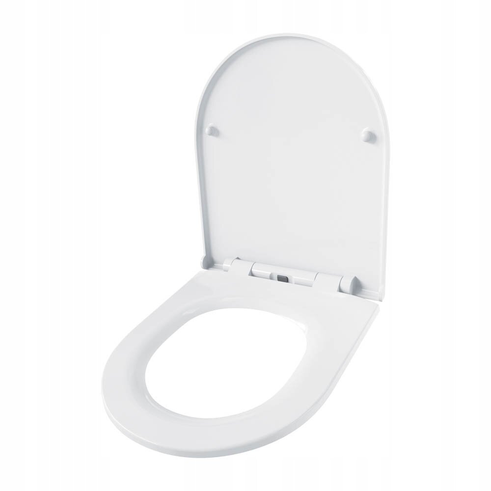 Biała deska klozetowa z otwartą pokrywą, wykonana z gładkiego materiału. Produkt ma prosty, nowoczesny design.