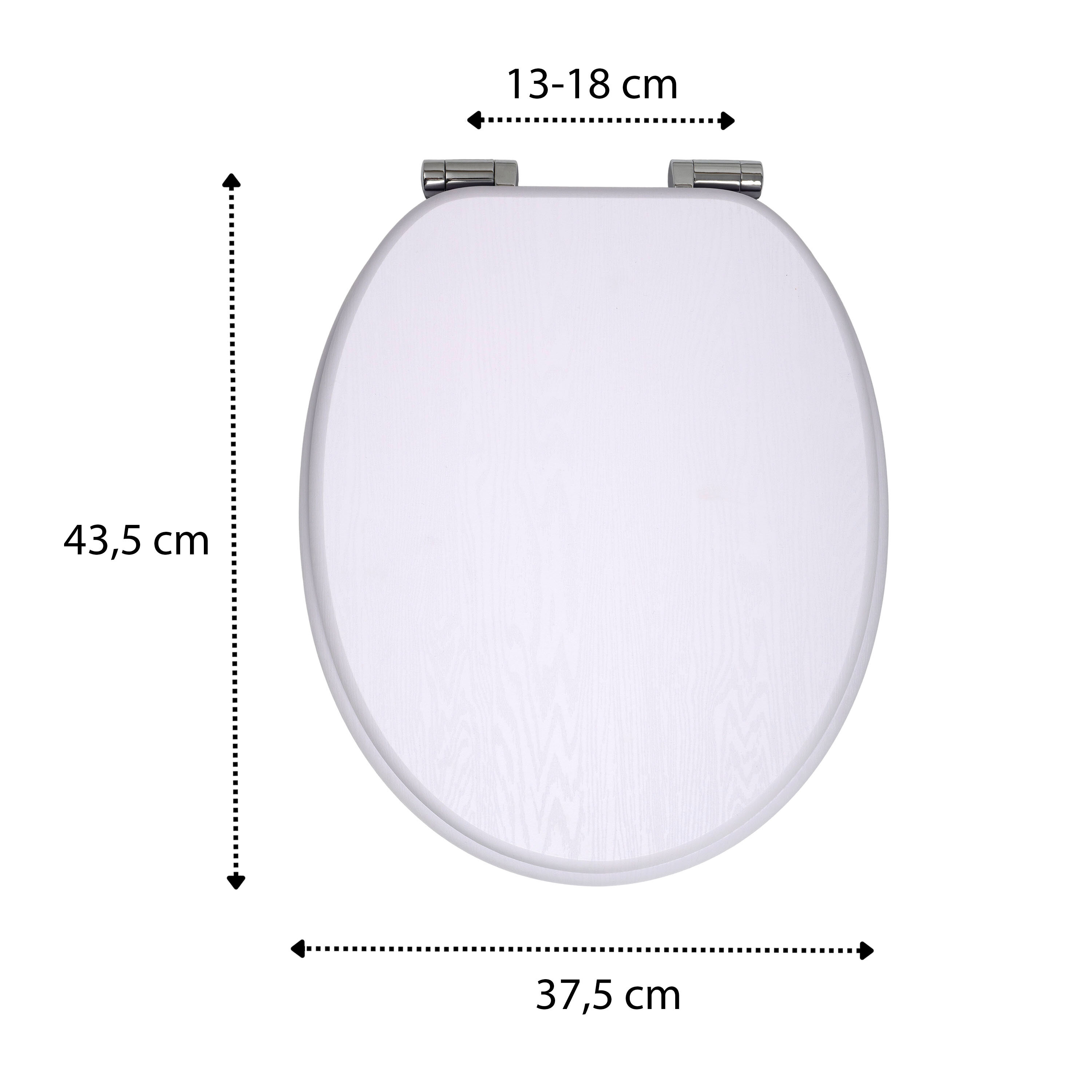 Biała deska sedesowa o wymiarach 43,5 cm na 37,5 cm z regulowanym rozstawem zawiasów 13-18 cm.