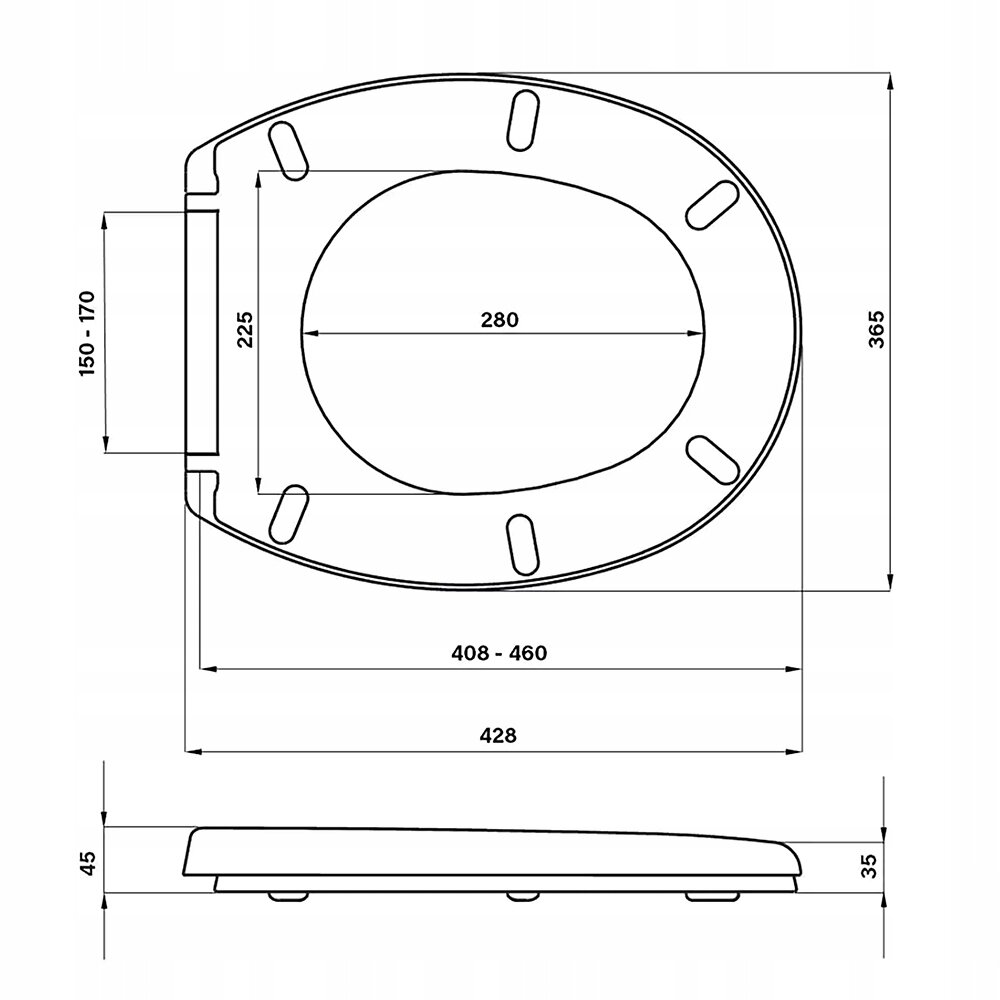 Schemat deski sedesowej z wymiarami: szerokość 428 mm, długość 365 mm, rozstaw mocowań 150-170 mm, długość wewnętrzna 280 mm, wysokość 45 mm.