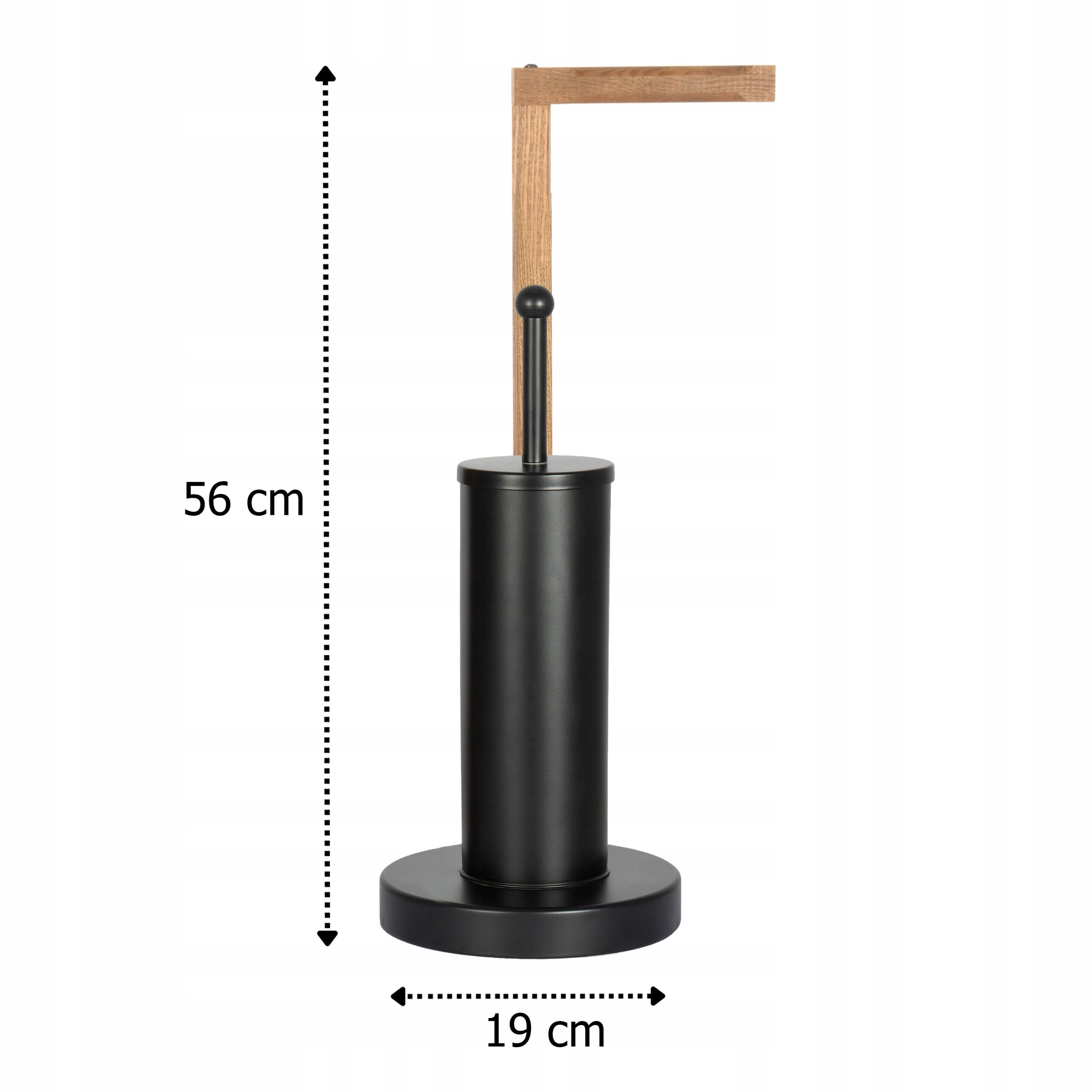 Czarny stojak na papier toaletowy z drewnianym uchwytem, o wysokości 56 cm i średnicy podstawy 19 cm.