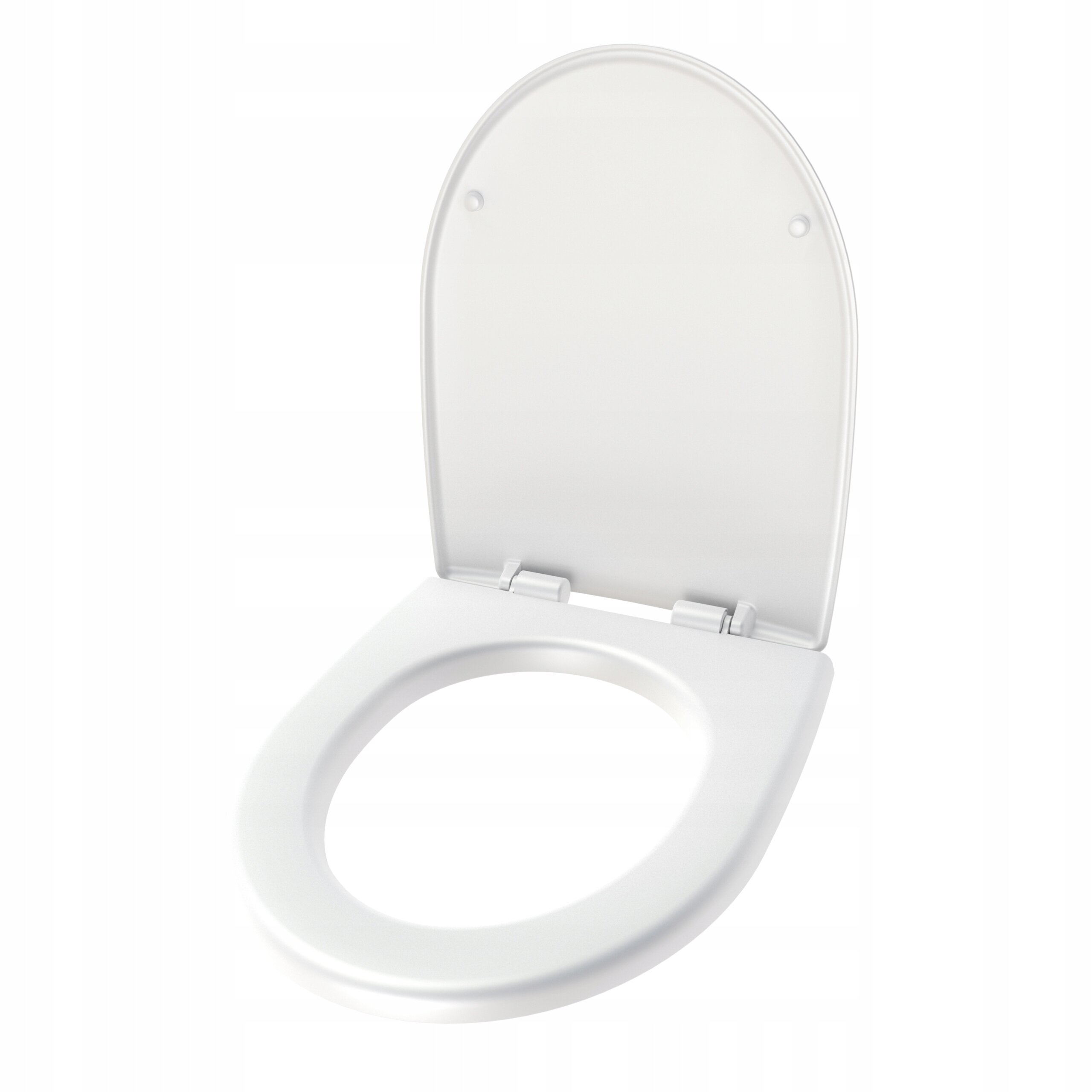 Biała deska sedesowa z otwartą pokrywą, wykonana z gładkiego materiału. Produkt ma prosty, nowoczesny design.