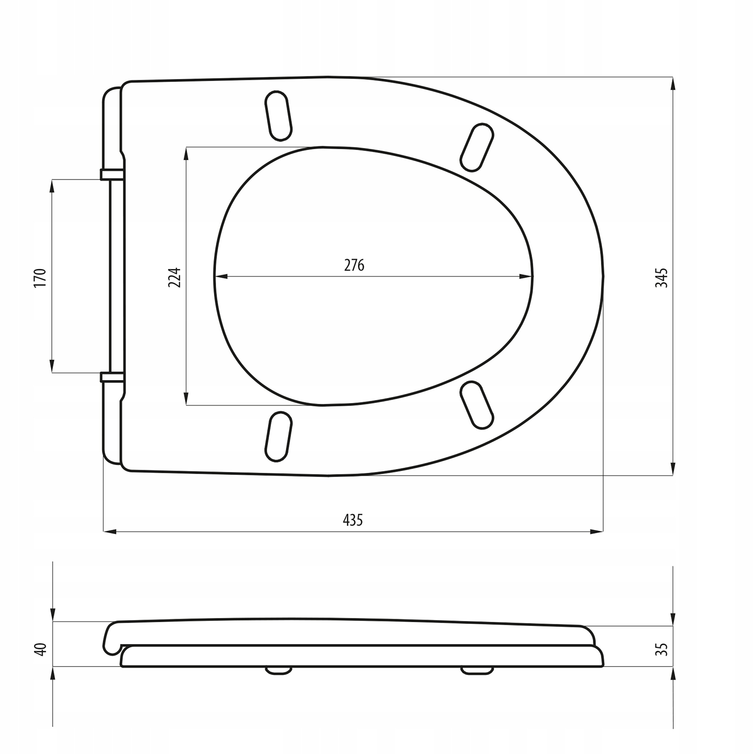 Schemat deski sedesowej z wymiarami: 276 mm szerokości wewnętrznej, 224 mm długości wewnętrznej, 435 mm długości zewnętrznej, 345 mm szerokości zewnętrznej, 170 mm szerokości zawiasów, 40 mm wysokości całkowitej i 35 mm wysokości pokrywy.