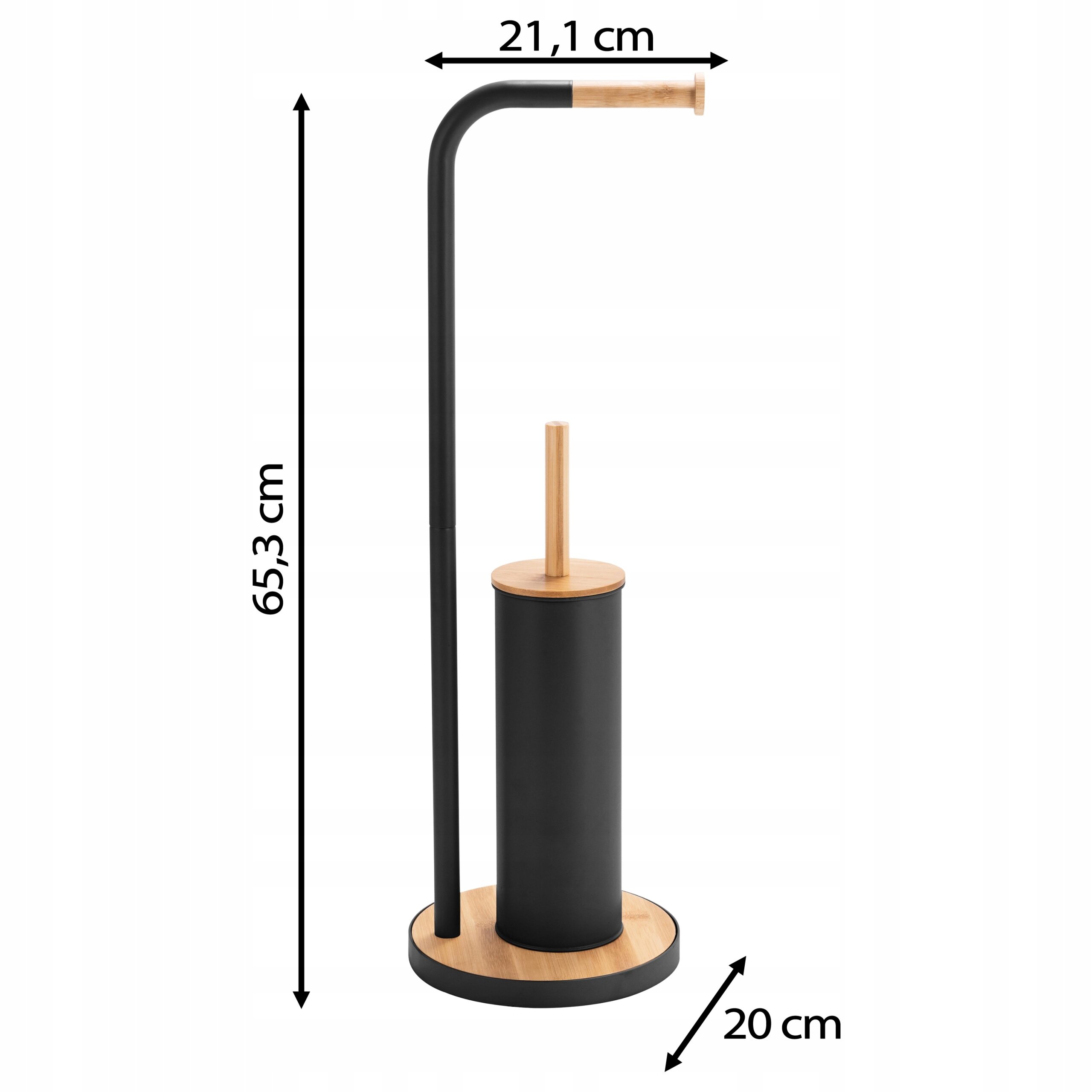 Czarny stojak na papier toaletowy z bambusowymi elementami, wyposażony w szczotkę WC. Wymiary: wysokość 65,3 cm, szerokość 21,1 cm, średnica podstawy 20 cm.