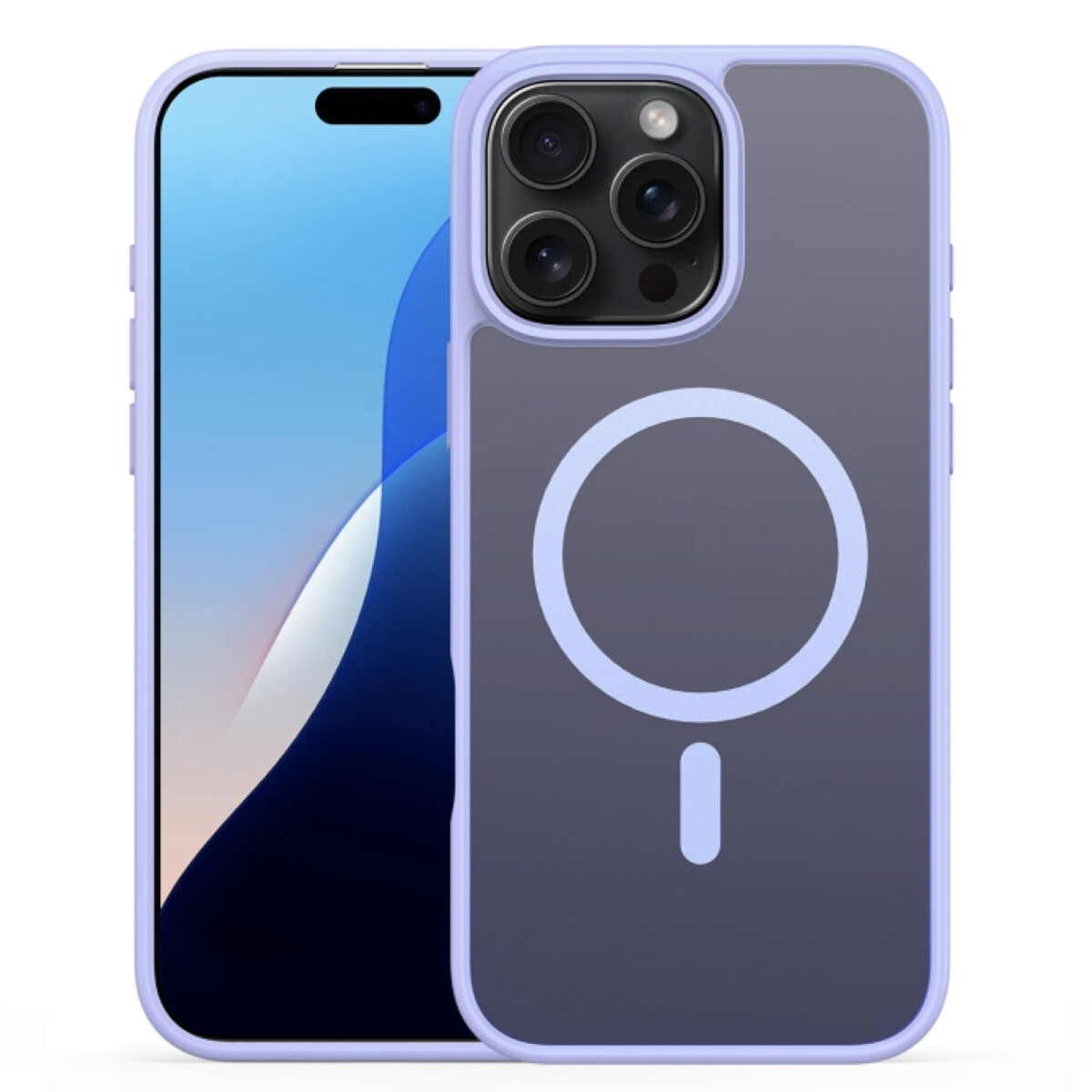 Na obrazie widoczne jest etui na telefon z trzema wycięciami na aparaty oraz okrągłym wzorem na tylnej części. Etui ma fioletowy kolor i przezroczystą tylną część.