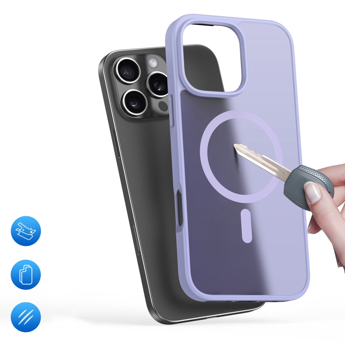 Na obrazie widoczny jest telefon z trzema obiektywami aparatu oraz fioletowe etui z okrągłym wzorem, trzymane przez rękę z kluczem. Obok znajdują się trzy niebieskie ikony przedstawiające odporność na zarysowania, kompatybilność z MagSafe i ochronę przed upadkiem.