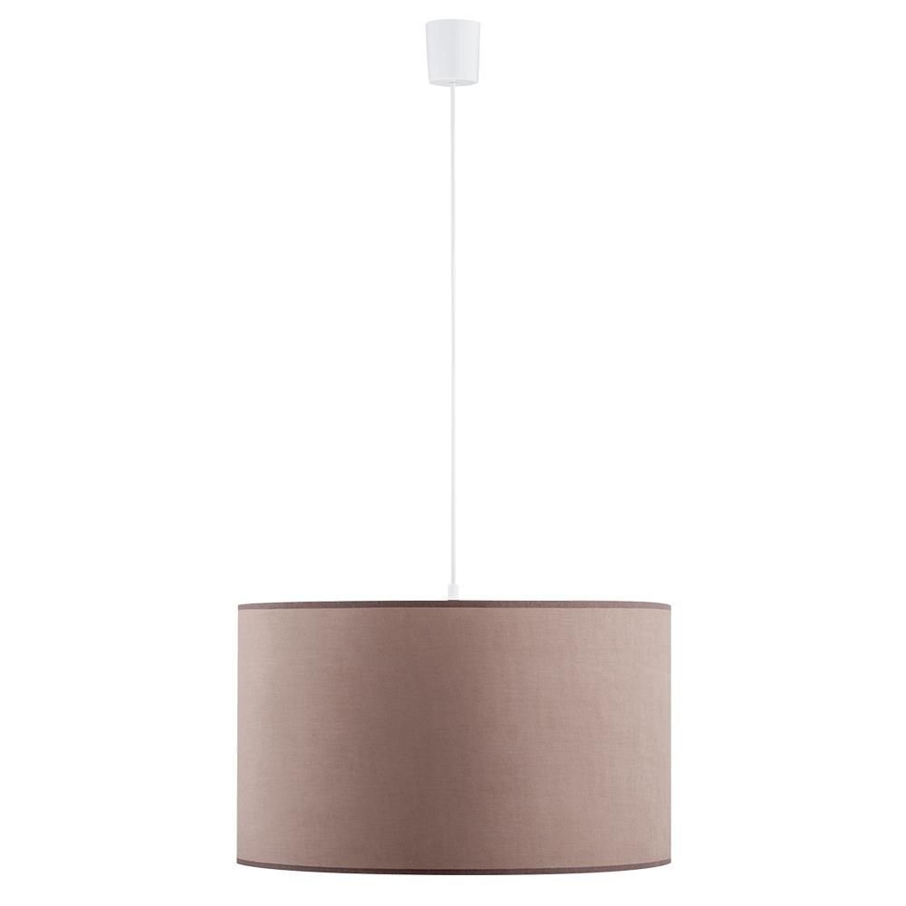 Na obrazie widoczna jest lampa wisząca z cylindrycznym abażurem w kolorze cappuccino, zawieszona na białym przewodzie. Lampa ma prosty, klasyczny design.