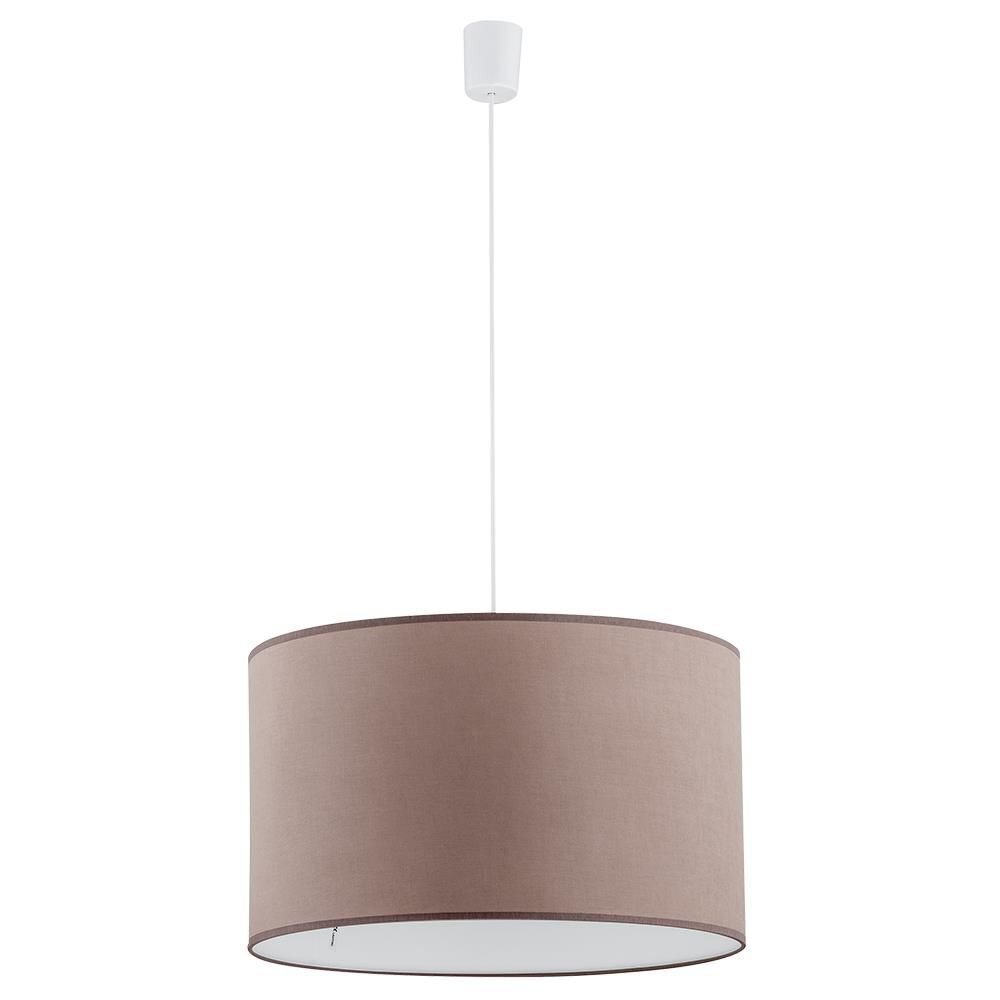 Lampa wisząca z cylindrycznym abażurem w kolorze cappuccino, zawieszona na białym przewodzie. Konstrukcja umożliwia regulację wysokości.