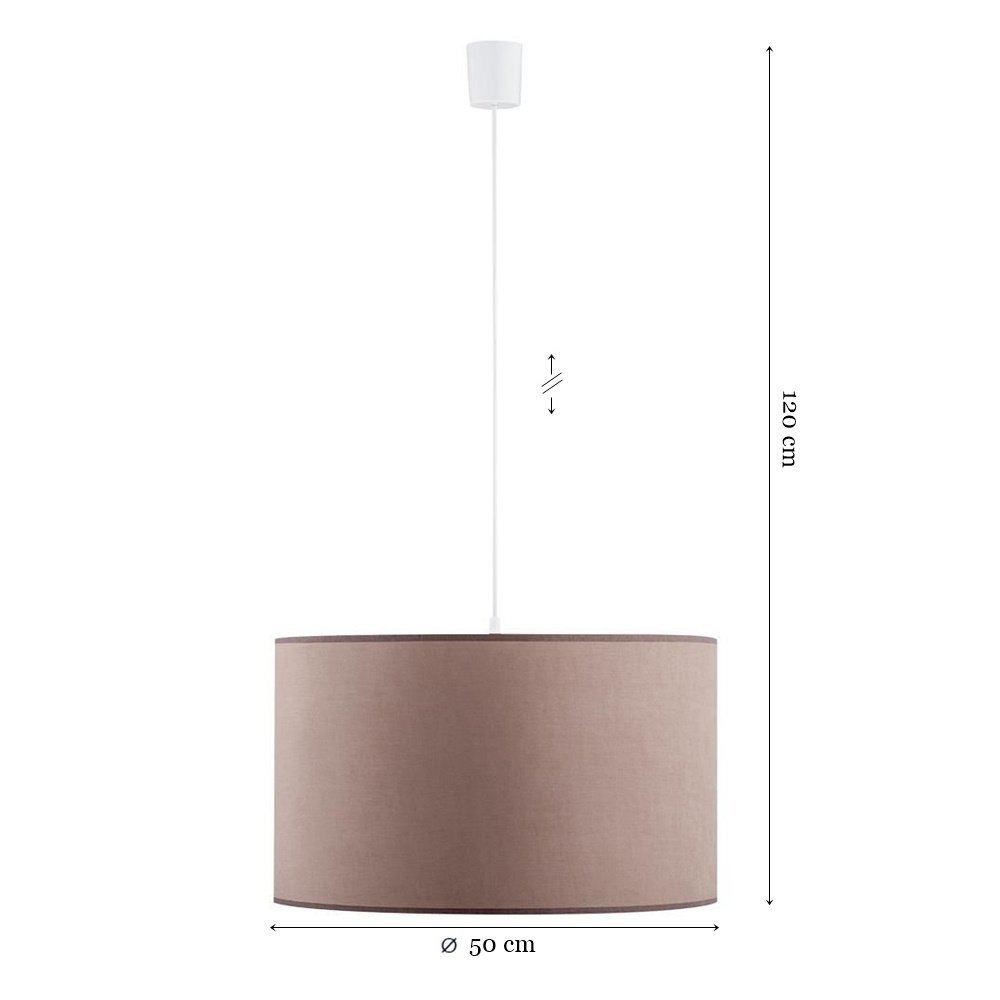 Lampa wisząca z cylindrycznym abażurem w kolorze cappuccino, zawieszona na białym przewodzie. Wymiary: średnica 50 cm, wysokość regulowana do 120 cm.