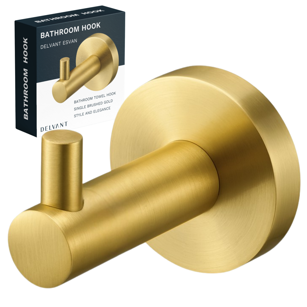 Złoty, pojedynczy haczyk ścienny do łazienki o gładkiej, szczotkowanej powierzchni. Na opakowaniu widnieje napis: \'BATHROOM HOOK DELVANT ESVAN BATHROOM TOWEL HOOK SINGLE BRUSHED GOLD STYLE AND ELEGANCE\'.