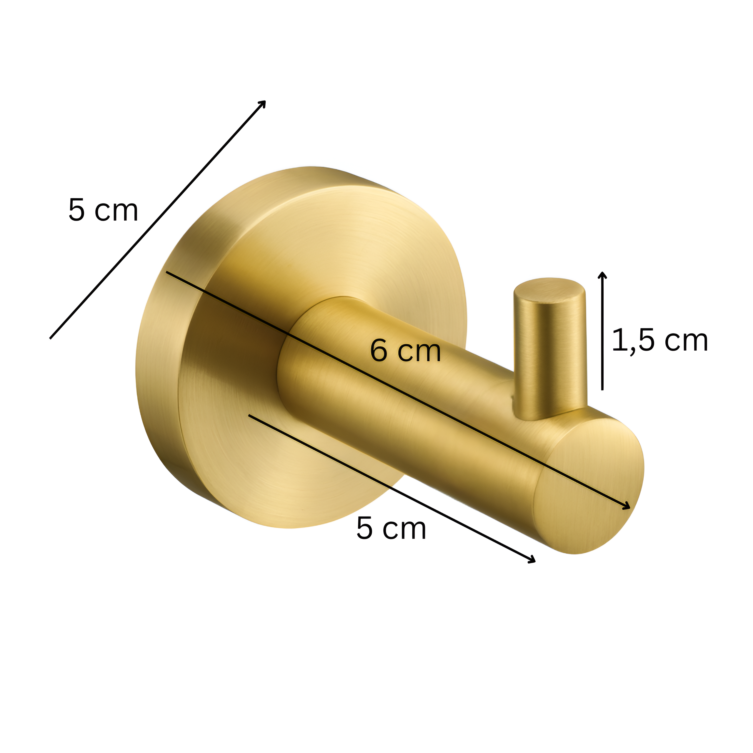 Złoty wieszak łazienkowy na ręcznik z pojedynczym haczykiem, o wymiarach: 5 cm, 6 cm i 1,5 cm. Produkt ma okrągłą podstawę i cylindryczny haczyk.