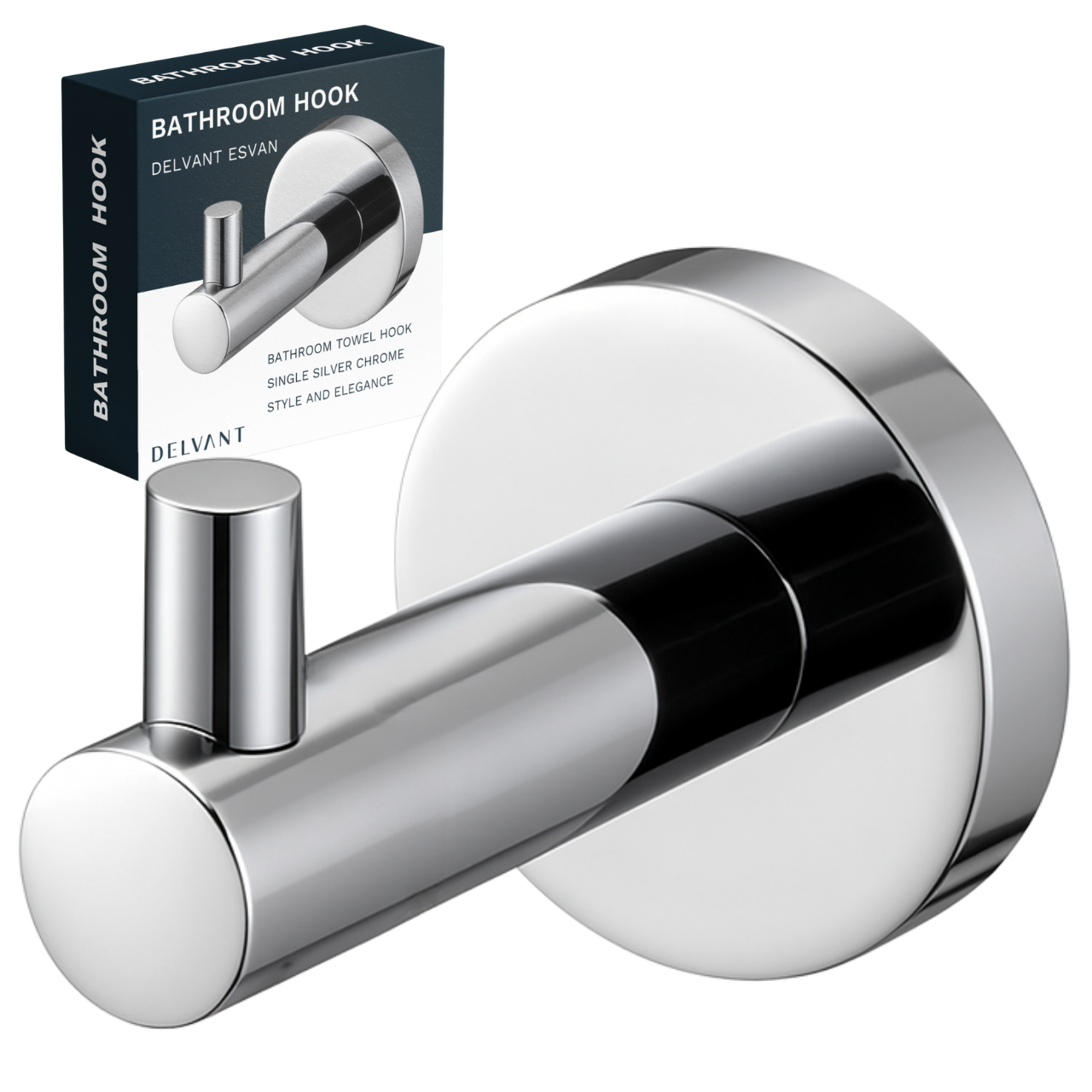 Chromowany wieszak łazienkowy na ręcznik o prostym, nowoczesnym designie. Opakowanie zawiera napis: \'BATHROOM HOOK DELVANT ESVAN BATHROOM TOWEL HOOK SINGLE SILVER CHROME STYLE AND ELEGANCE\'.