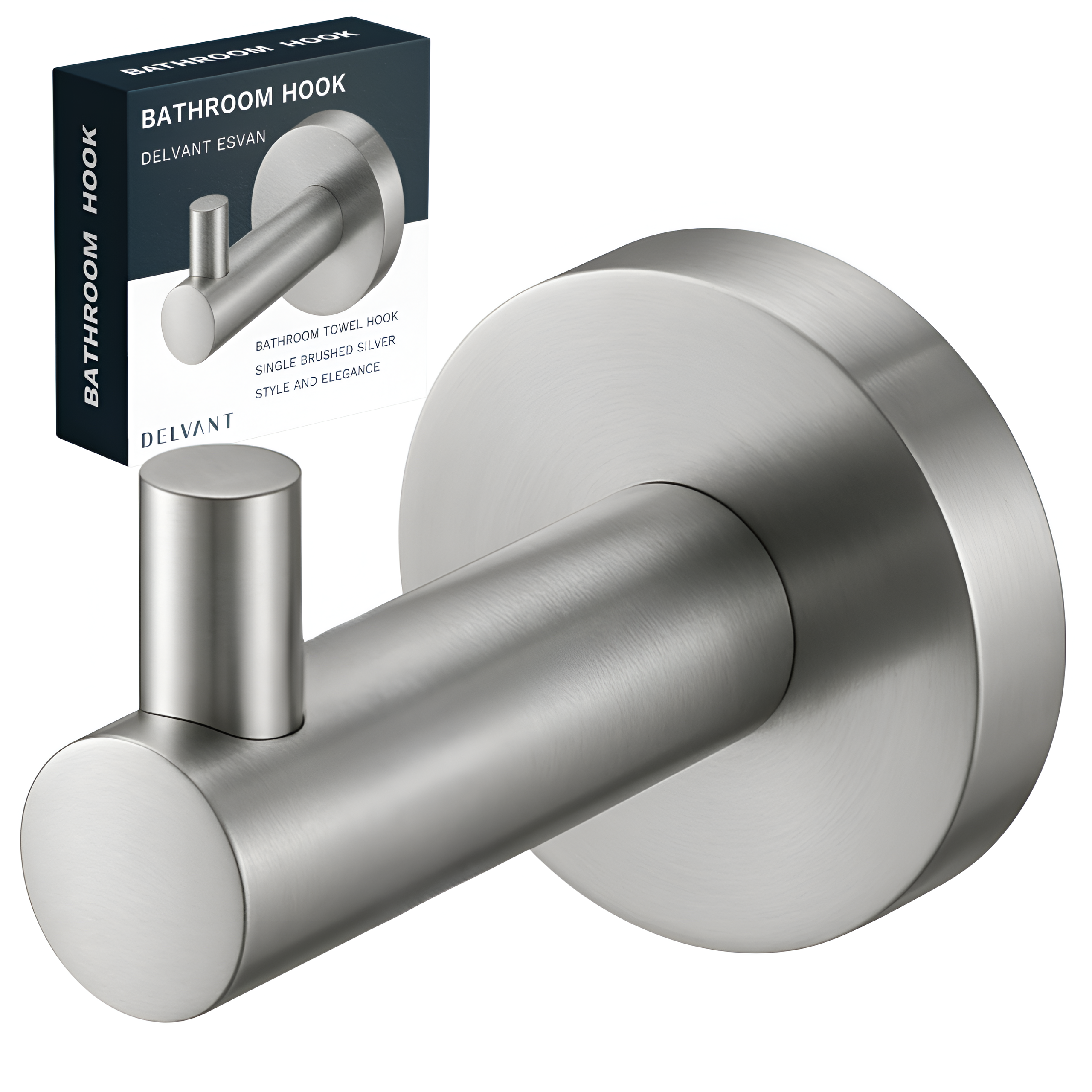 Srebrny, pojedynczy haczyk ścienny o matowym wykończeniu. W tle widoczne jest opakowanie z napisem: \'BATHROOM HOOK DELVANT ESVAN BATHROOM TOWEL HOOK SINGLE BRUSHED SILVER STYLE AND ELEGANCE DELVANT\'.