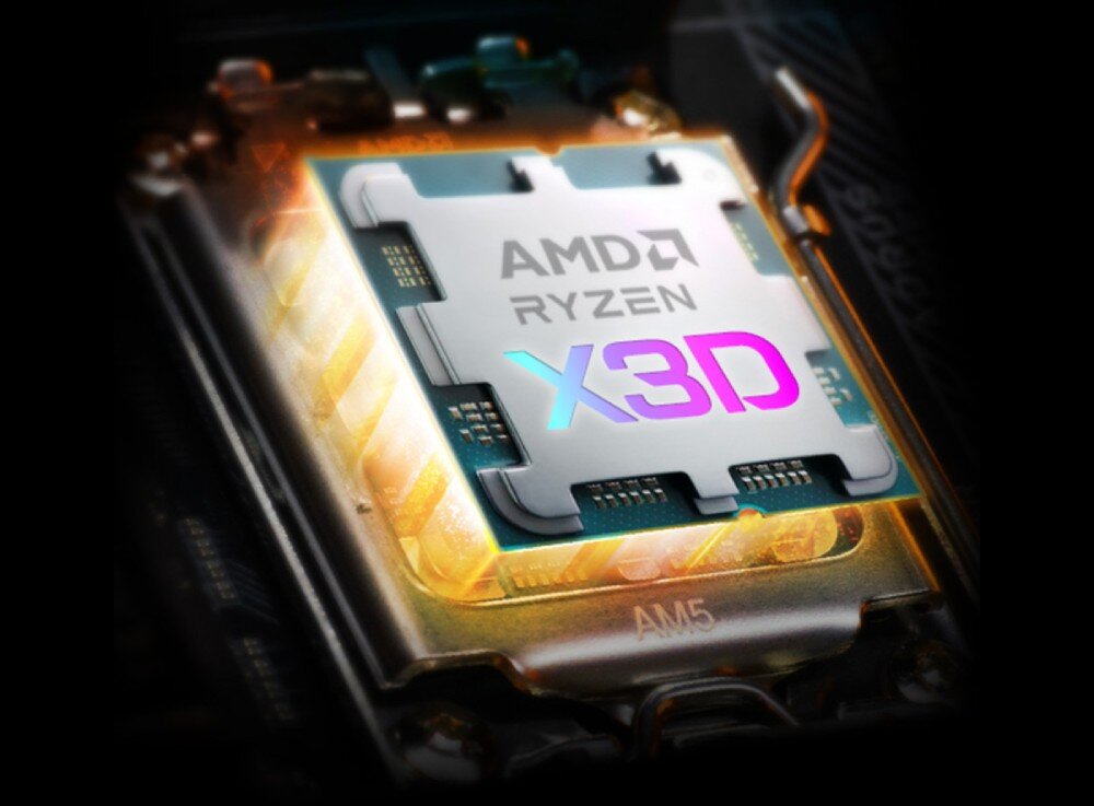 Na obrazie widoczny jest procesor z napisem \'AMD RYZEN X3D\' umieszczony w gnieździe oznaczonym jako \'AM5\'.