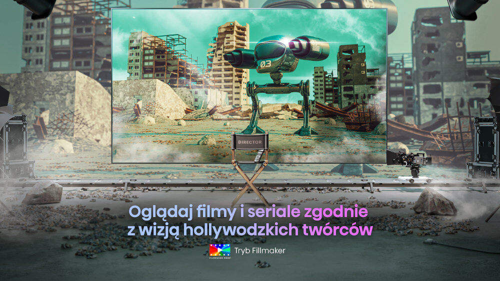 Na obrazie widoczny jest duży ekran telewizora z wyświetlaną sceną przedstawiającą futurystycznego robota na tle zrujnowanych budynków. Na dole znajduje się tekst: \'Oglądaj filmy i seriale zgodnie z wizją hollywoodzkich twórców\' oraz logo \'Tryb Filmmaker\'.