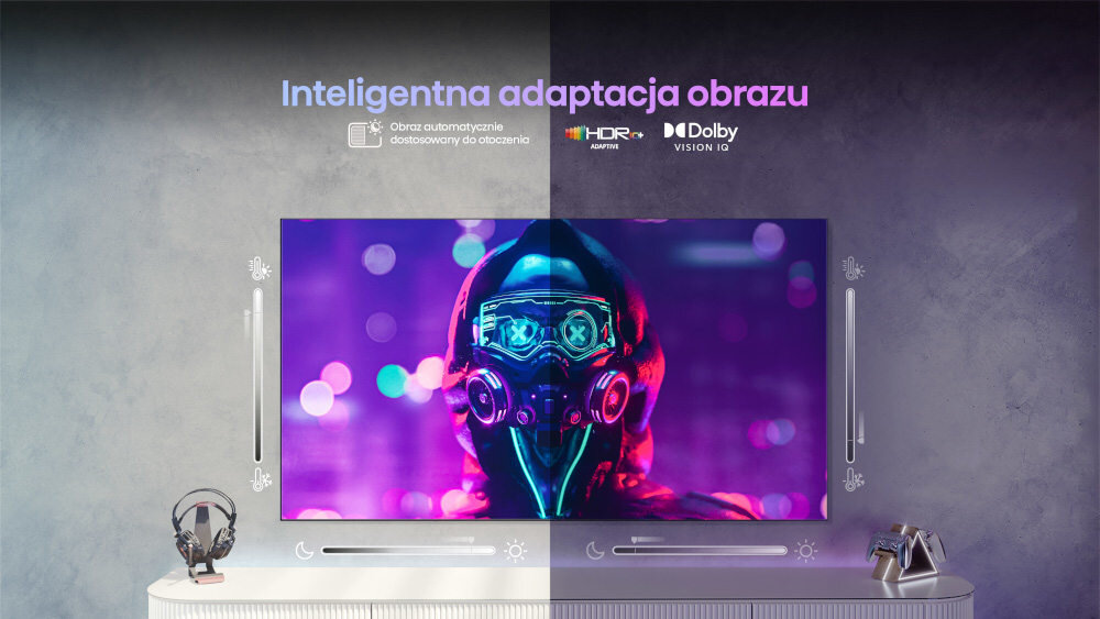 Telewizor wyświetla kolorowy obraz postaci w masce na tle fioletowych i niebieskich świateł. Nad ekranem widnieje napis \'Inteligentna adaptacja obrazu\' oraz logotypy HDR, Dolby Vision IQ.