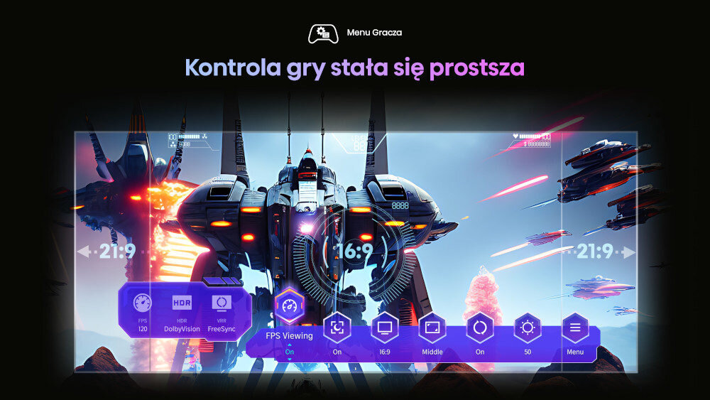 Obraz przedstawia ekran telewizora z futurystyczną grafiką gry, na której widoczny jest duży statek kosmiczny i mniejsze statki w tle. Na górze ekranu znajduje się tekst \'Kontrola gry stała się prostsza\', a na dole widoczne są ikony i napisy związane z ustawieniami obrazu, takie jak \'HDR\', \'DolbyVision - FreeSync\', \'FPS Viewing\'.