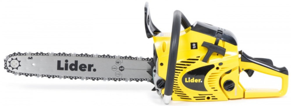 Na obrazie widoczna jest żółta piła spalinowa z czarnymi elementami, z napisem \'Lider\' na prowadnicy. Piła ma ergonomiczny uchwyt i widoczne są detale mechaniczne.