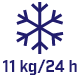 Ikona przedstawia niebieski symbol płatka śniegu z tekstem \'11 kg/24 h\' poniżej.