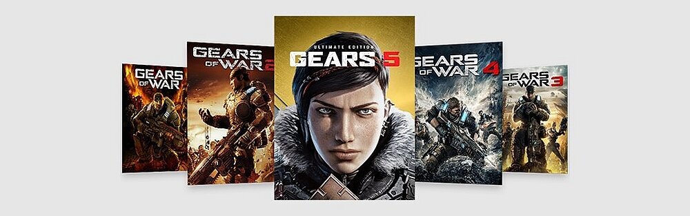 Na obrazie widoczne są okładki gier z serii \'Gears of War\', w tym \'Gears 5 Ultimate Edition\' na pierwszym planie. Każda okładka przedstawia postacie w dynamicznych pozach na tle różnych scenerii.