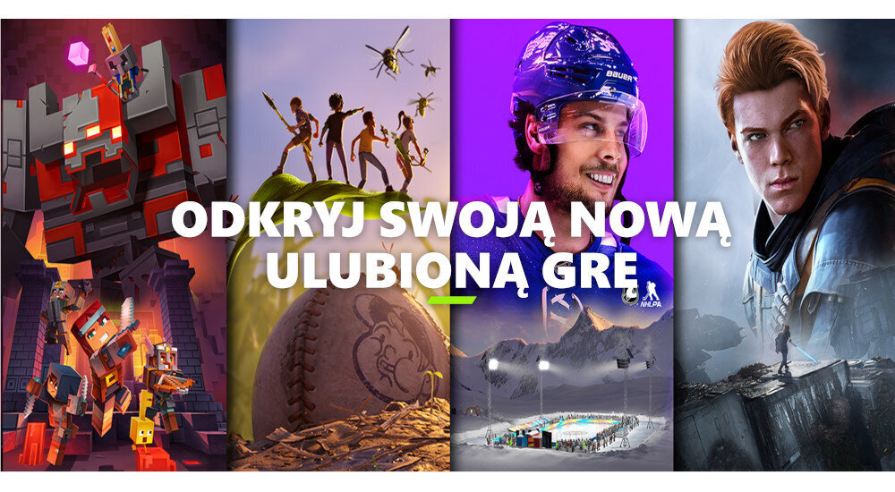 Grafika przedstawia różne sceny z gier wideo, z centralnym napisem \'ODKRYJ SWOJĄ NOWĄ ULUBIONĄ GRĘ\'. W tle widoczne są postacie i elementy z różnych gier, w tym sportowe i przygodowe.