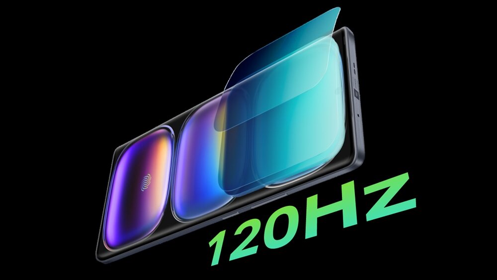 Obraz przedstawia smartfon z wyświetlaczem o częstotliwości odświeżania 120Hz. Na ekranie widoczne są kolorowe efekty świetlne.
