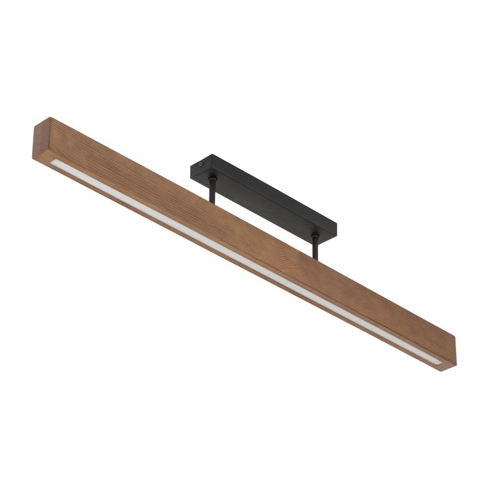 Nowoczesna lampa sufitowa LED o prostokątnym kształcie, wykonana z materiału w kolorze czarnym i orzechowym. Posiada prosty, minimalistyczny design z widocznym panelem świetlnym.
