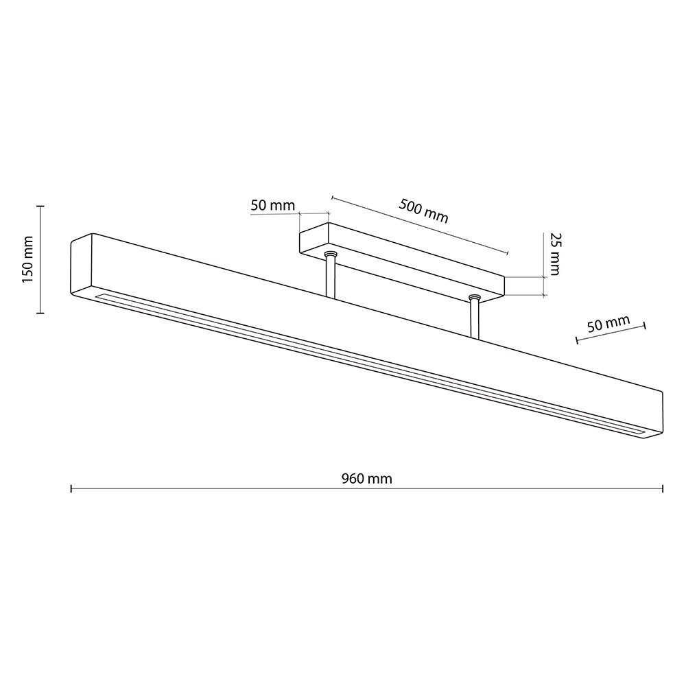 Schematyczny rysunek lampy sufitowej LED z wymiarami: 960 mm długości, 150 mm wysokości, 50 mm szerokości, oraz element montażowy o wymiarach 500 mm na 50 mm i 25 mm wysokości.