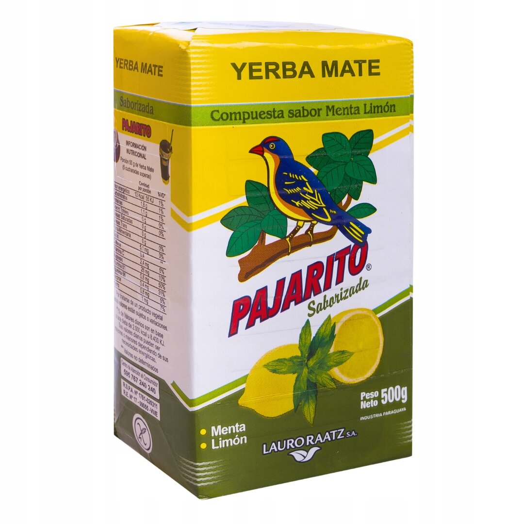 Opakowanie Yerba Mate Pajarito o smaku Menta Limón, z widocznym logo przedstawiającym ptaka na gałęzi. Na opakowaniu znajduje się napis \'Peso Neto 500g\' oraz \'Industria Paraguaya\'.