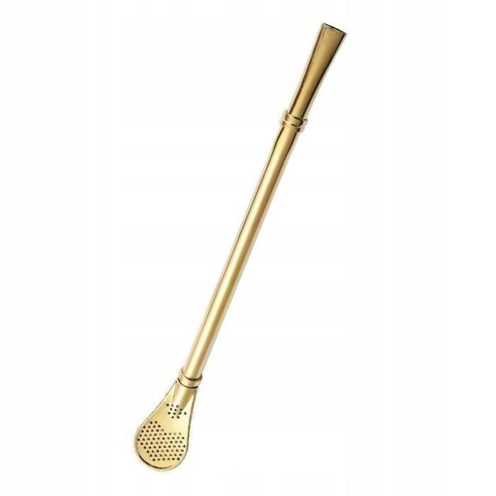 Złota bombilla do Yerba Mate o długości 19 cm z perforowanym końcem do filtrowania napoju.