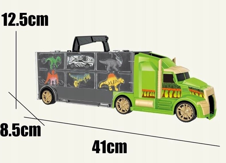 Zielona ciężarówka z przyczepą, na której znajdują się modele dinozaurów i samochodów w przezroczystych przegródkach. Wymiary ciężarówki to 41 cm długości, 12.5 cm wysokości i 8.5 cm szerokości.