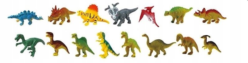 Na obrazie znajduje się czternaście figurek dinozaurów w różnych kolorach i kształtach, ustawionych w dwóch rzędach. Każda figurka przedstawia inny gatunek dinozaura.