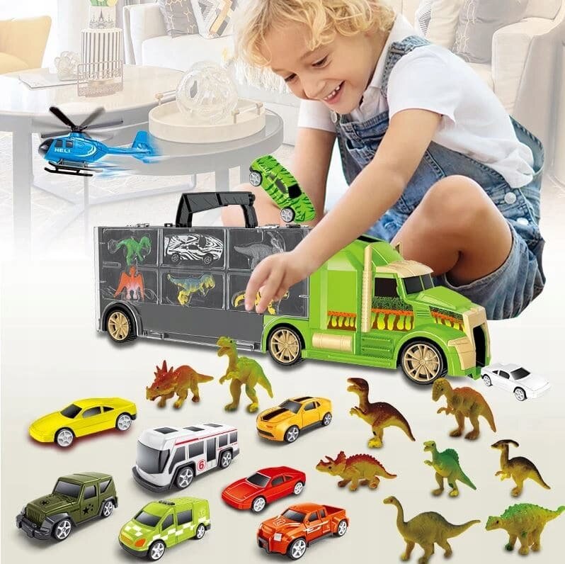 Na obrazie widać dziecko bawiące się dużą zieloną ciężarówką z motywem dinozaurów, wokół której rozłożone są małe modele samochodów i figurek dinozaurów. W tle znajduje się jasne wnętrze mieszkalne z meblami.