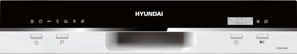 Panel sterowania zmywarki z wyświetlaczem pokazującym \'2:45\' oraz ikonami funkcji. Widoczne logo \'HYUNDAI\' i model \'DTC657DW8F\'.