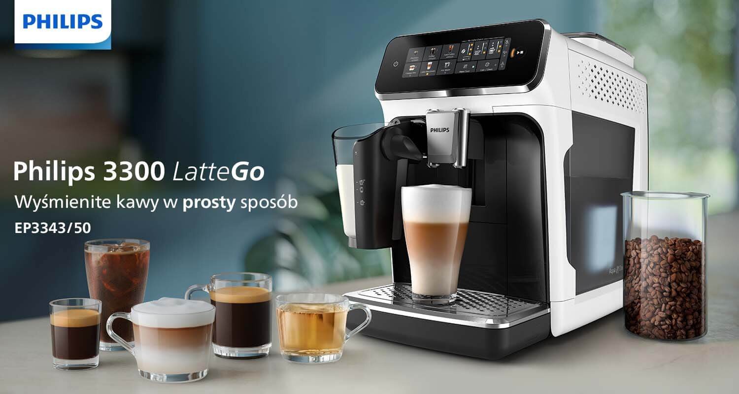Ekspres do kawy z logo Philips, obok którego znajdują się różne filiżanki z kawą oraz pojemnik z ziarnami kawy. Tekst na obrazie: \'Philips 3300 LatteGo Wyśmienite kawy w prosty sposób EP3343/50\'.