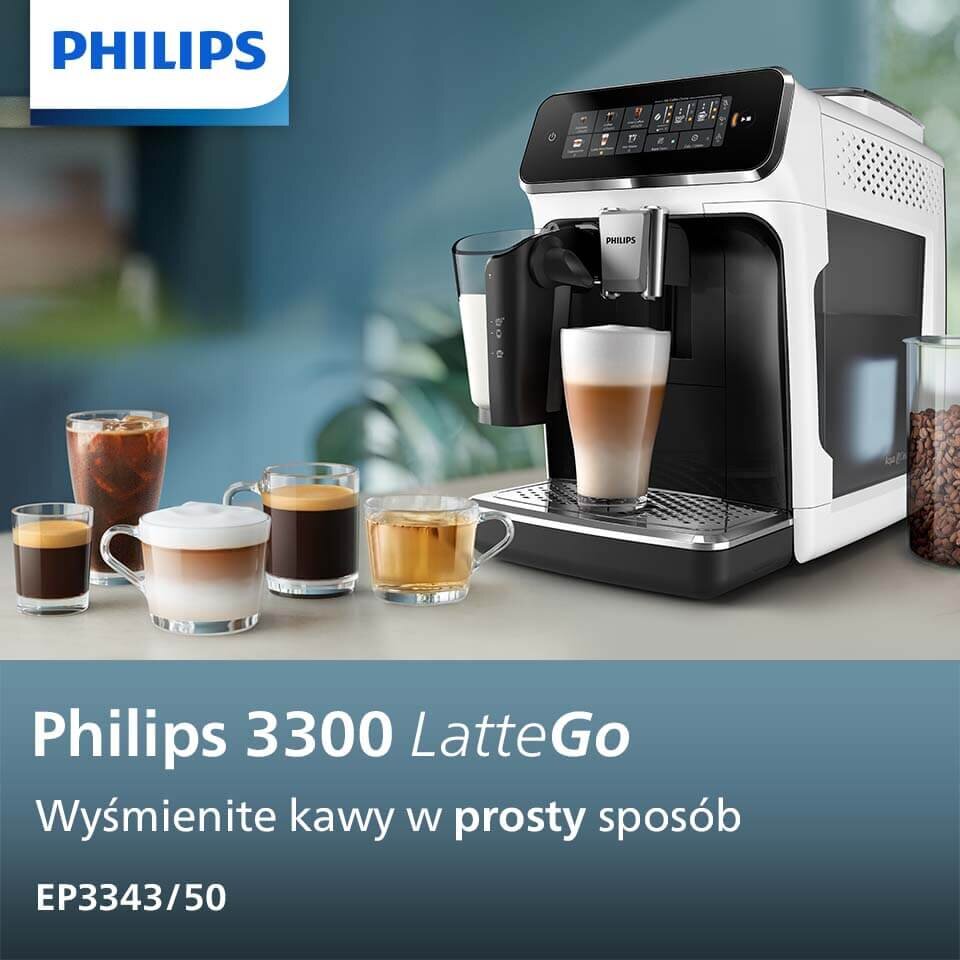 Na obrazie widoczny jest ekspres do kawy z logo PHILIPS, obok którego stoi kilka filiżanek z różnymi rodzajami kawy. Na dole znajduje się tekst: \'Philips 3300 LatteGo Wyśmienite kawy w prosty sposób EP3343/50\'.