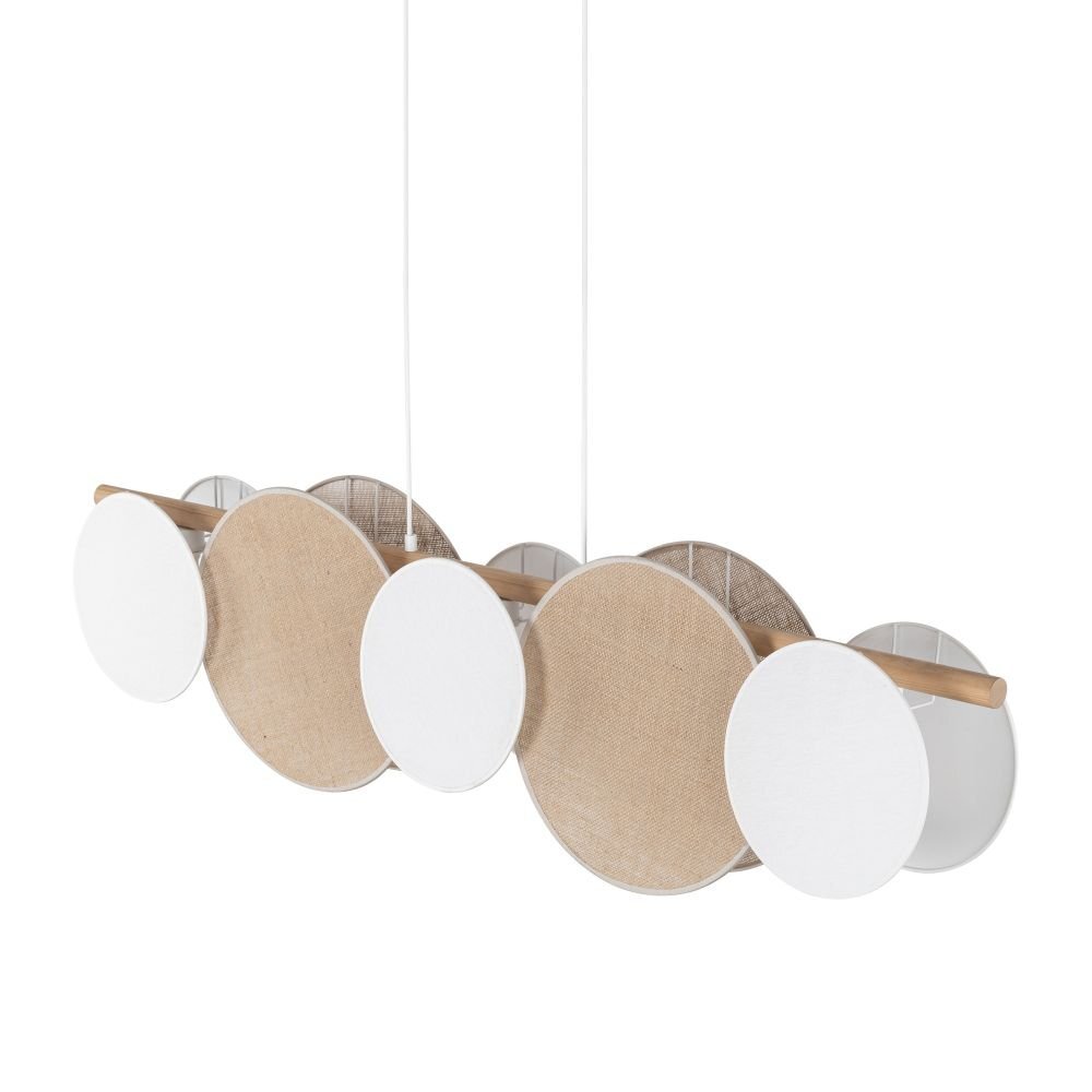 Lampa wisząca złożona z pięciu okrągłych kloszy w kolorach białym i brązowym, z elementami z drewna sosnowego. Klosze są zawieszone na cienkich przewodach, tworząc nowoczesny design.